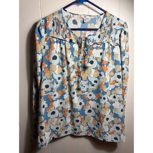 Joie Floral Field Blue Orange Pintuck Tie Neck Blouse IE7027PR Womens Medium